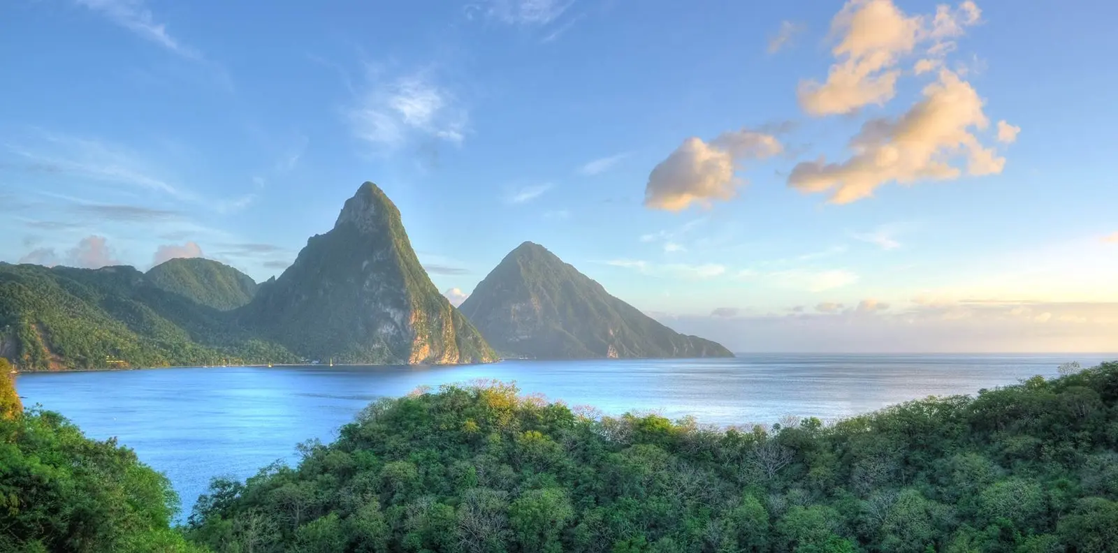 The Pitons rising over the sea in Saint Lucia